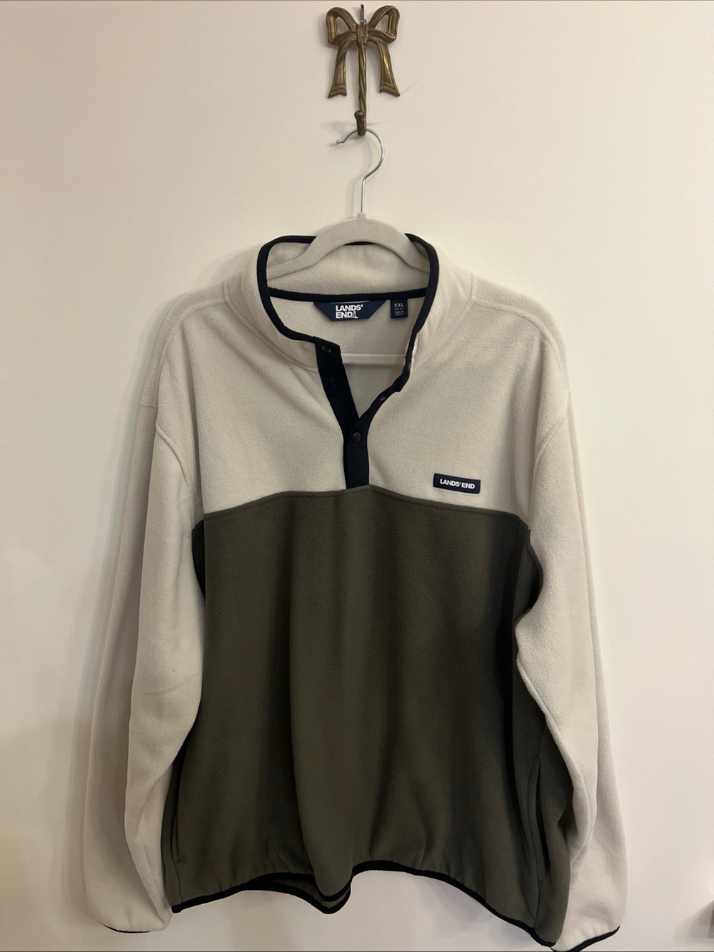 Lands' End Men's Two-Tone Snap Button Fleece - Cream & Olive XXL